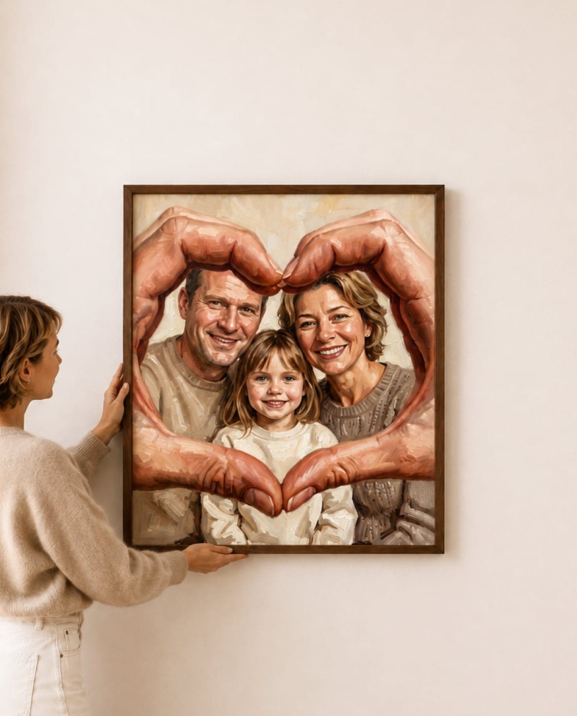 A framed oil-painting family portrait being hung on a living-room wall
