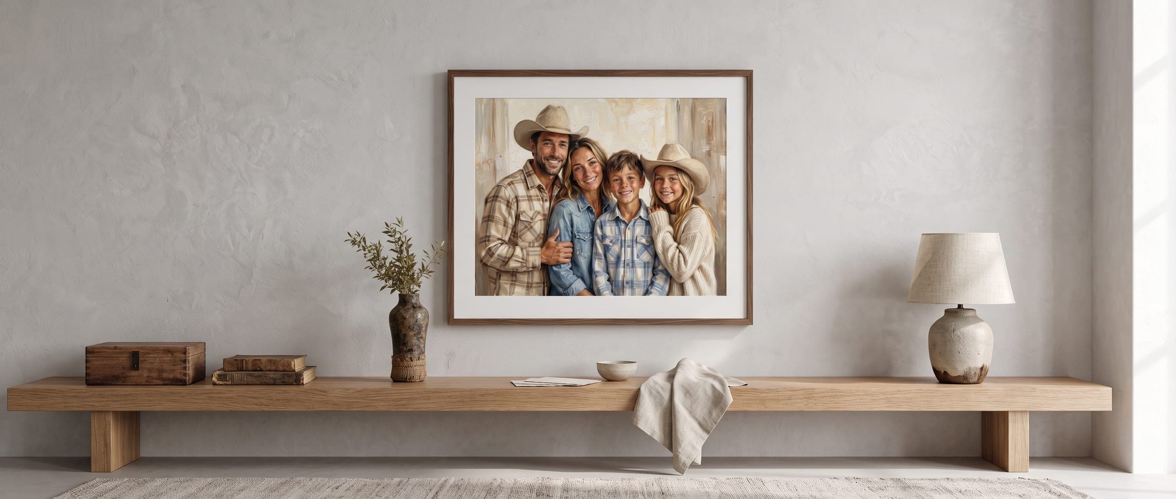 A framed oil-painting family portrait hanging above a console table