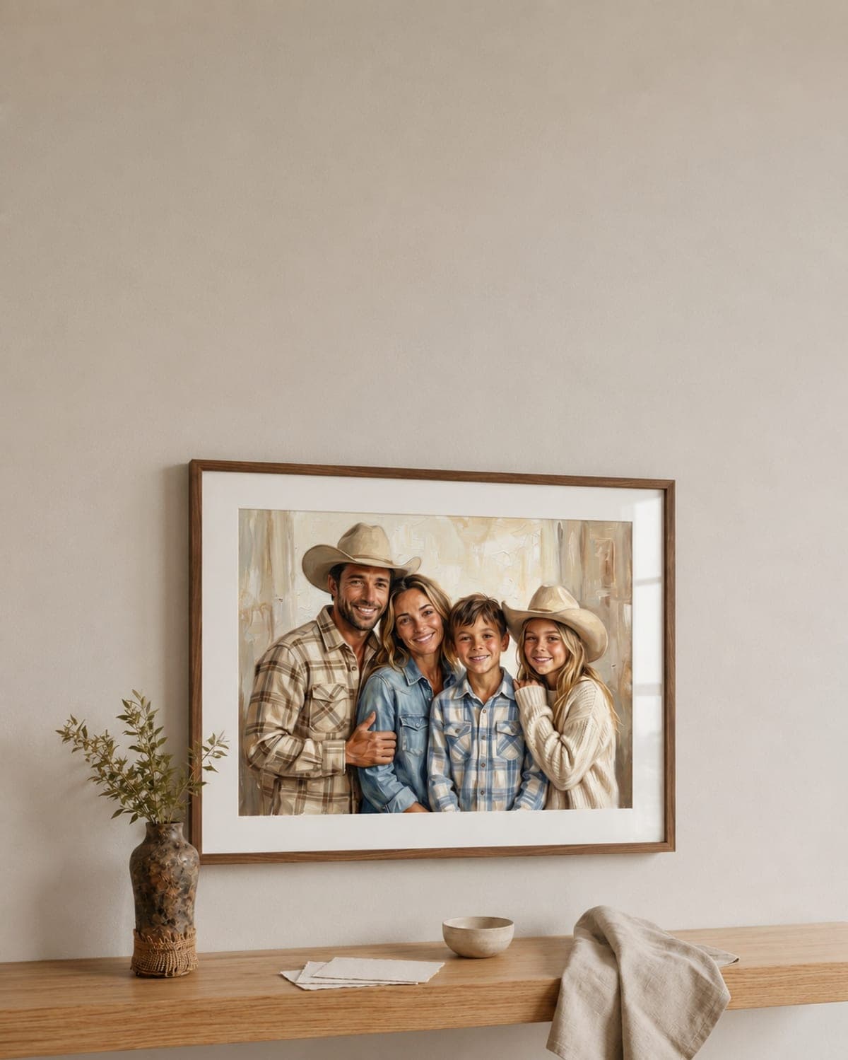 A framed oil-painting family portrait hanging above a console table